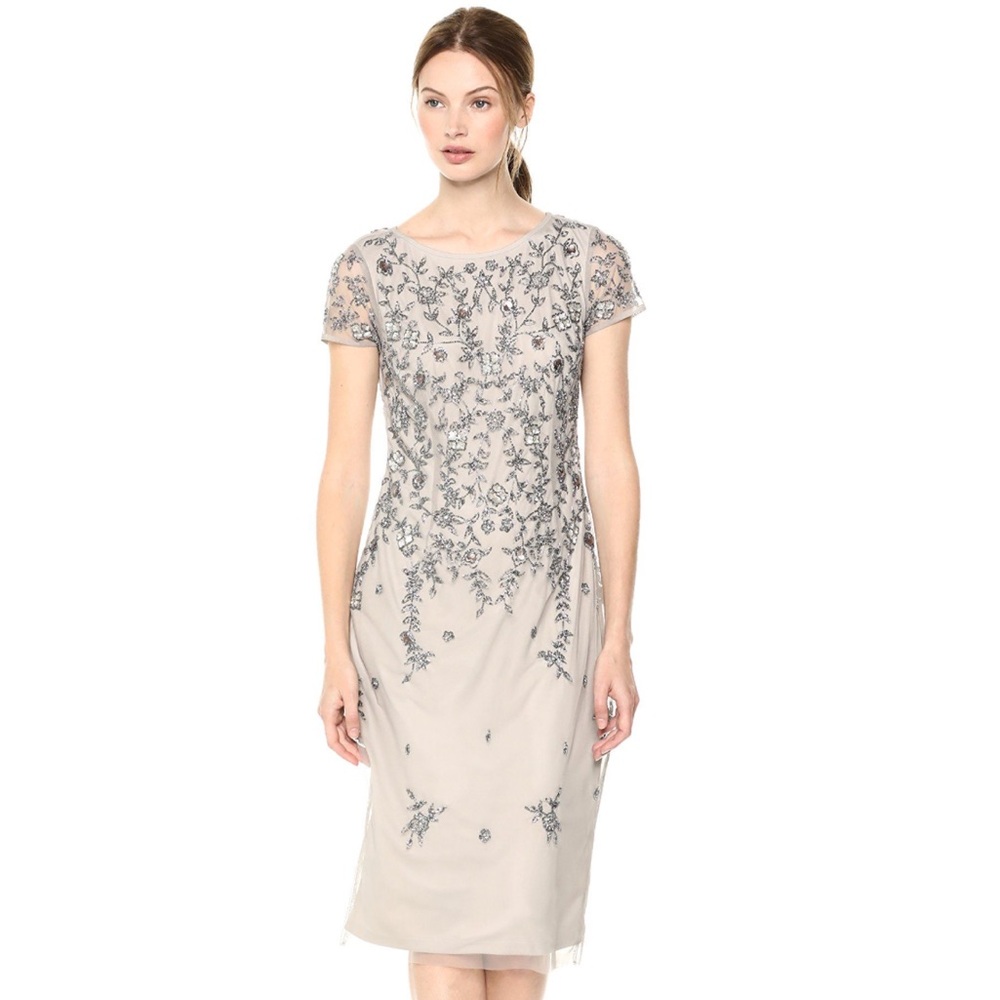 Adrianna Papell Cap Sleeve Soutache Silver Lace Beaded Embellished Midi Gown